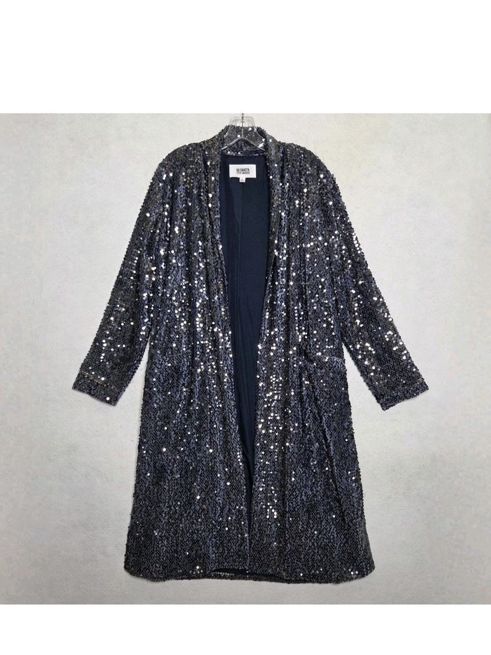BB Dakota Steve Madden Sequin Duster Jacket L Silver Navy Glam Night Out NYE